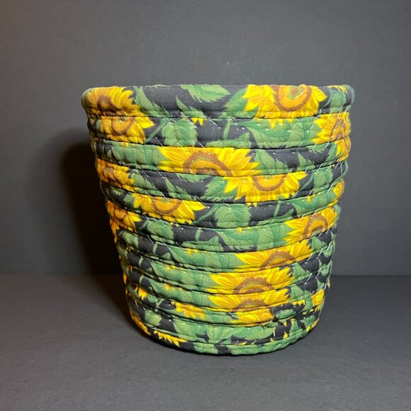 Vintage Green Yellow Fabric Floral Sunflower Print Planter Cache / Waste Basket - Picture 4 of 7